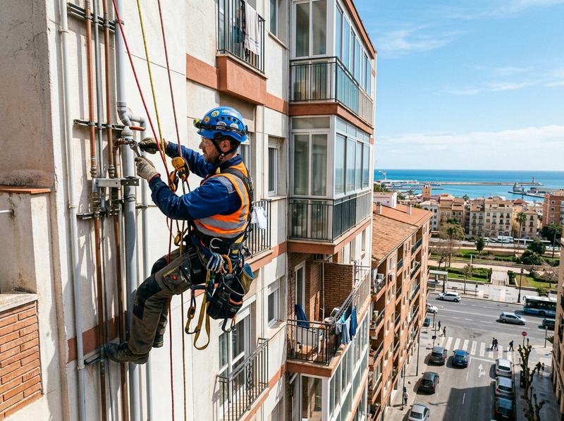 Operario de trabajos verticales reparando una bajante en la fachada de un edificio de Valencia