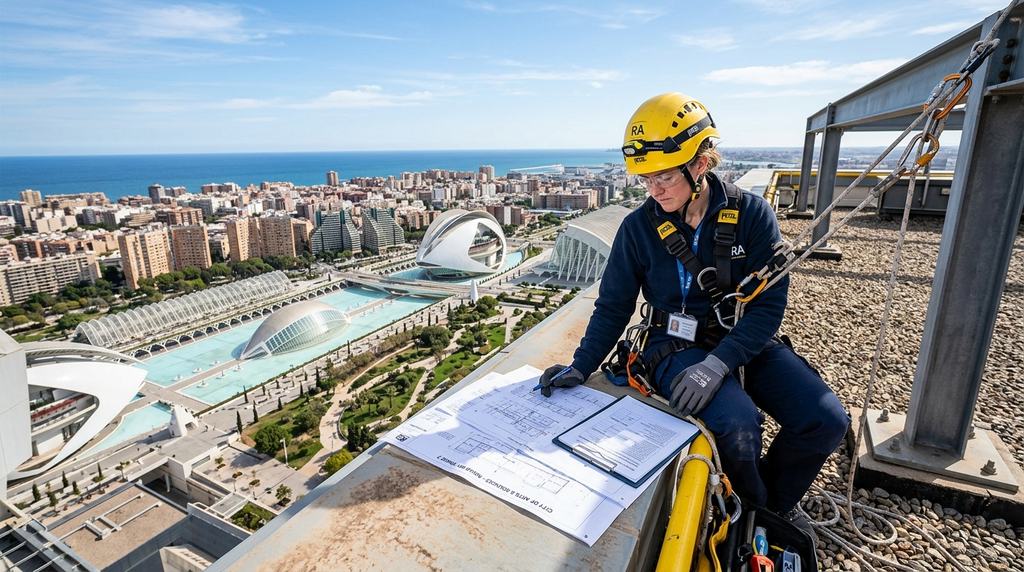 Técnica de trabajos verticales revisando los planos de una cubierta antes de empezar la obra en Valencia