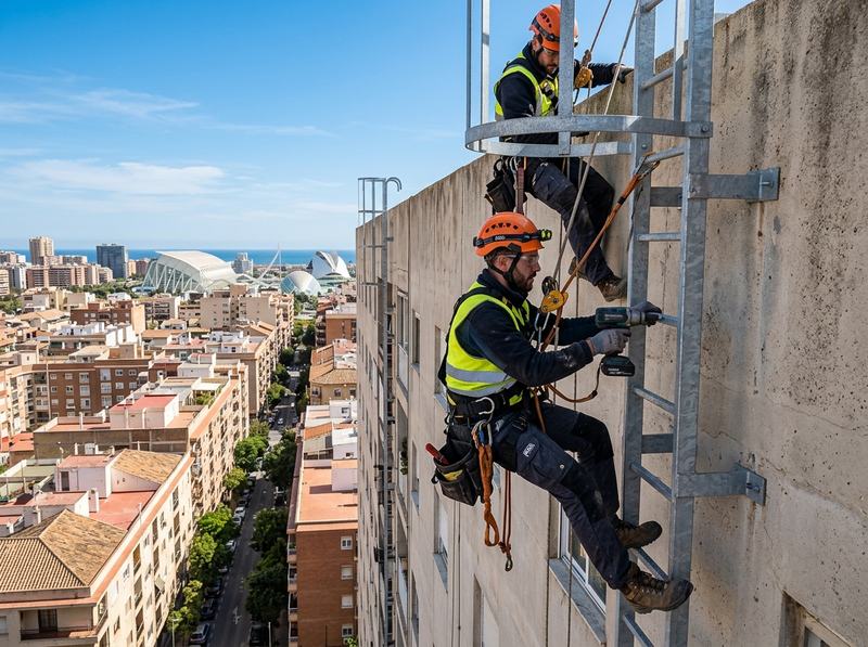 Técnicos instalando una escalera fija de acceso con guarda en la fachada de un edificio