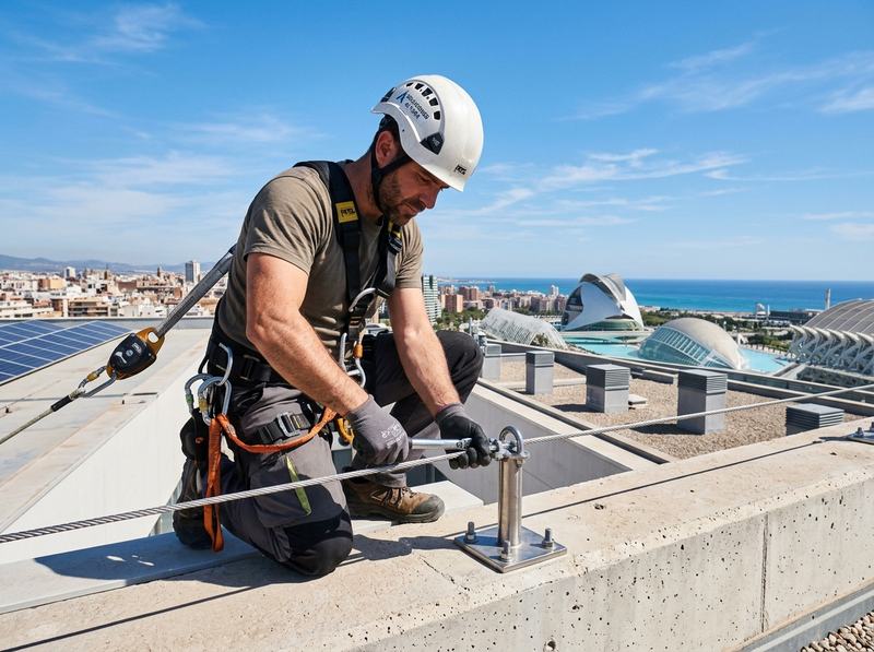 Instalador fijando el anclaje de una línea de vida en la cubierta de un edificio de Valencia