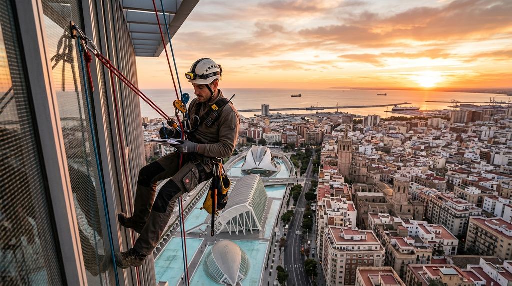 Técnico colgado limpiando los cristales de una fachada acristalada en Valencia al atardecer
