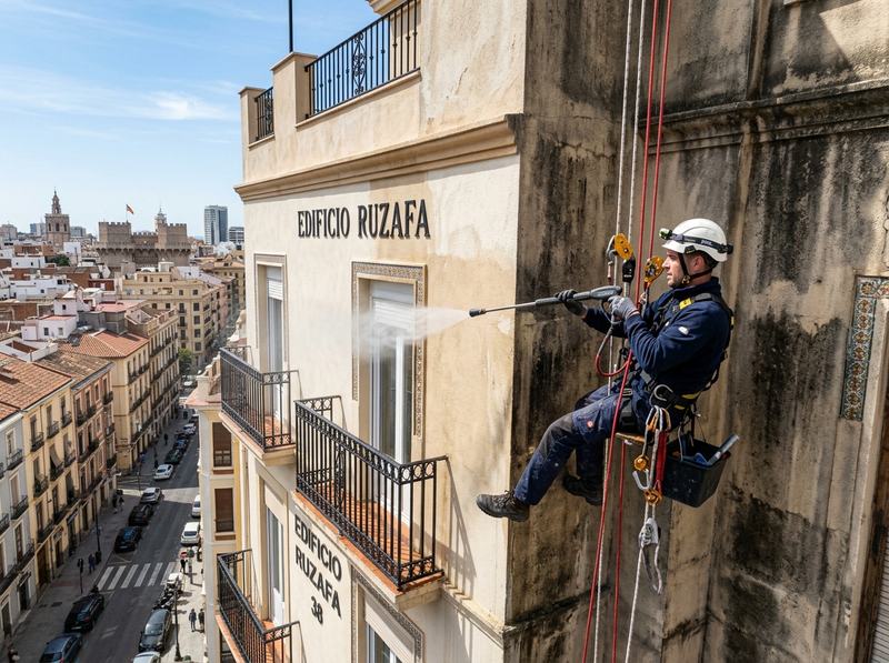 Técnico limpiando con agua a presión la fachada de un edificio en Ruzafa, Valencia