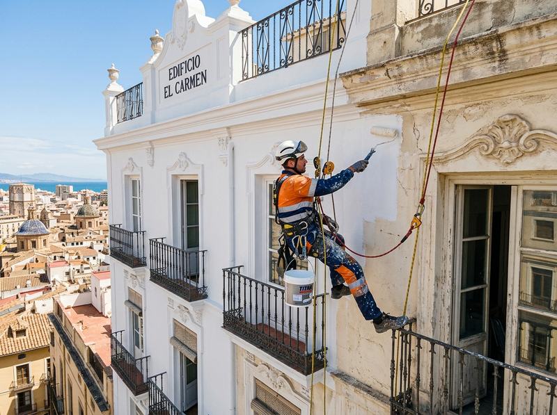 Pintor de trabajos verticales pintando la fachada de un edificio en el barrio de El Carmen, Valencia