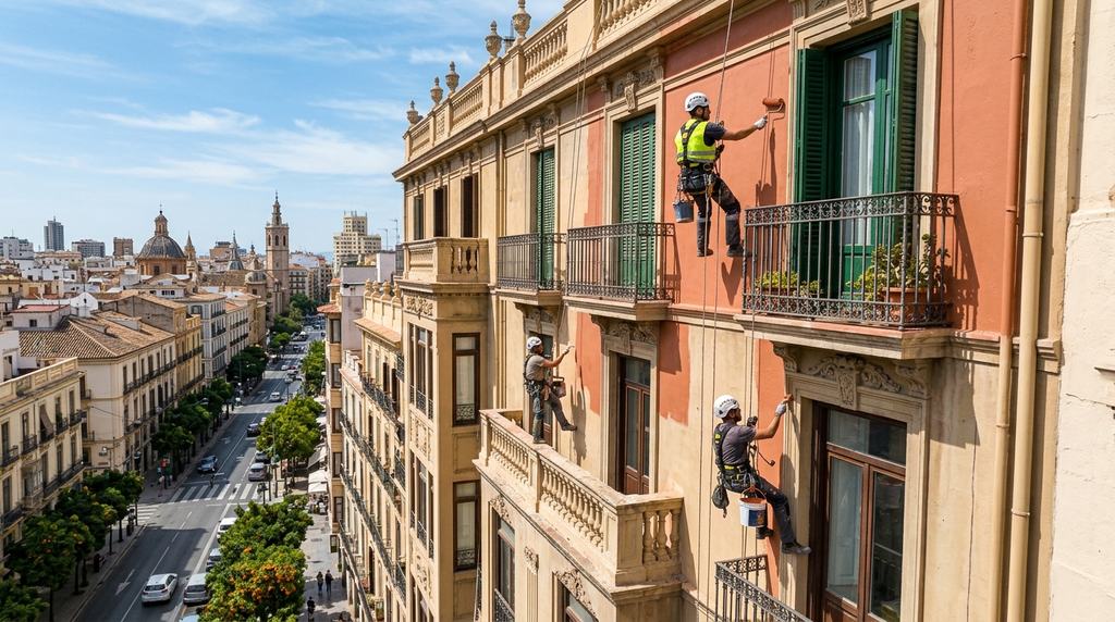 Técnicos de trabajos verticales rehabilitando la fachada y los balcones de un edificio del Eixample de València