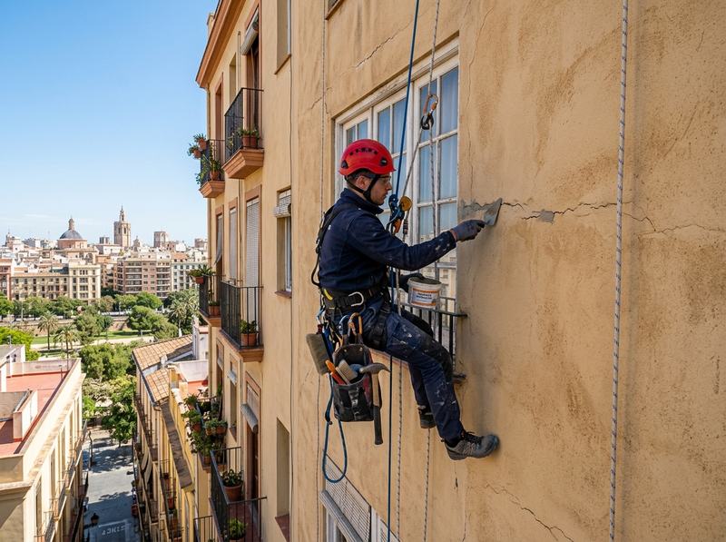 Técnico colgado sellando una grieta en la fachada de un edificio de Valencia