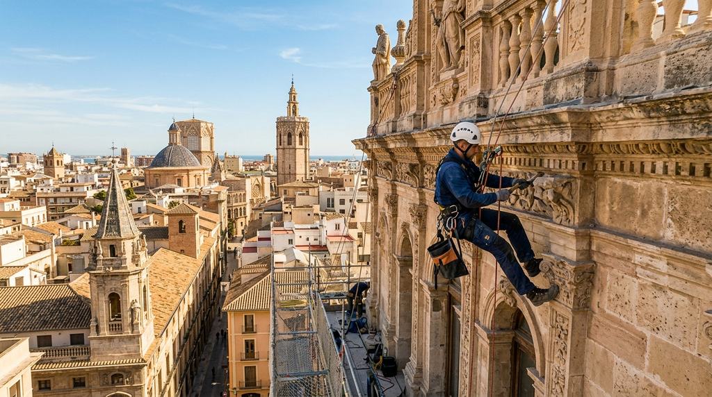 Técnico de trabajos verticales restaurando la cornisa de piedra de una fachada histórica en Ciutat Vella