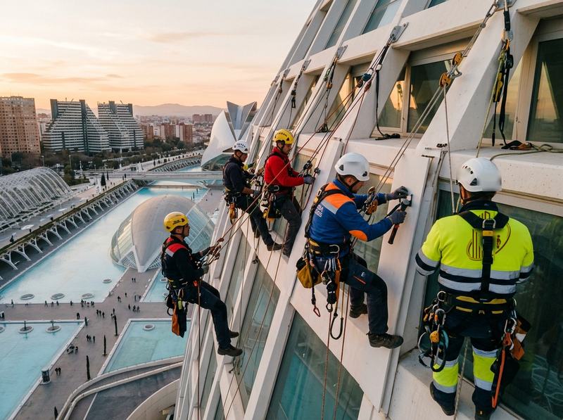 Equipo de técnicos de trabajos verticales en la fachada acristalada de un edificio de empresas en Valencia