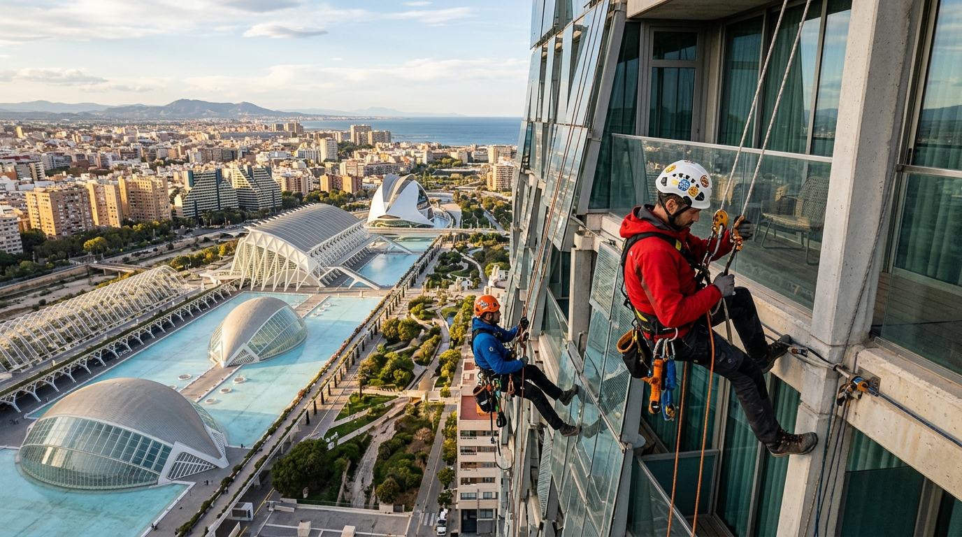 Dos técnicos de trabajos verticales en la fachada acristalada de un edificio de Valencia, con la Ciudad de las Artes al fondo